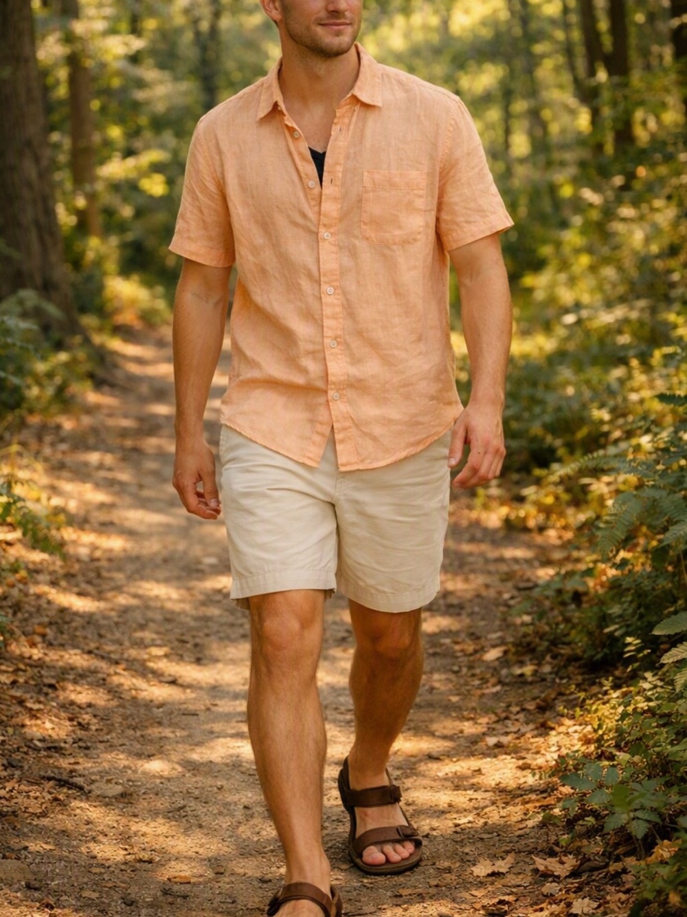 Natural Blue Apricot  Short-Sleeve Button-Down Linen Shirt